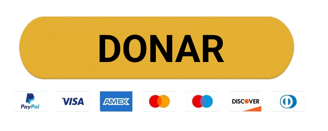 Logos de métodos de pago y botón “Donar” con iconos de tarjetas y banco.